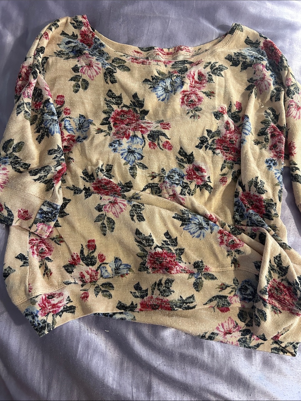 Women's Floral Crewneck Sweater - Cream with Pink & Blue Roses